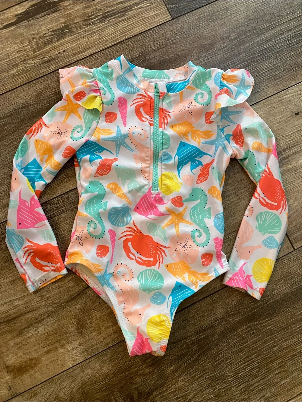 wonder nation Girls Long Sleeve One-Piece Swimsuit – Multicolor Sea Life